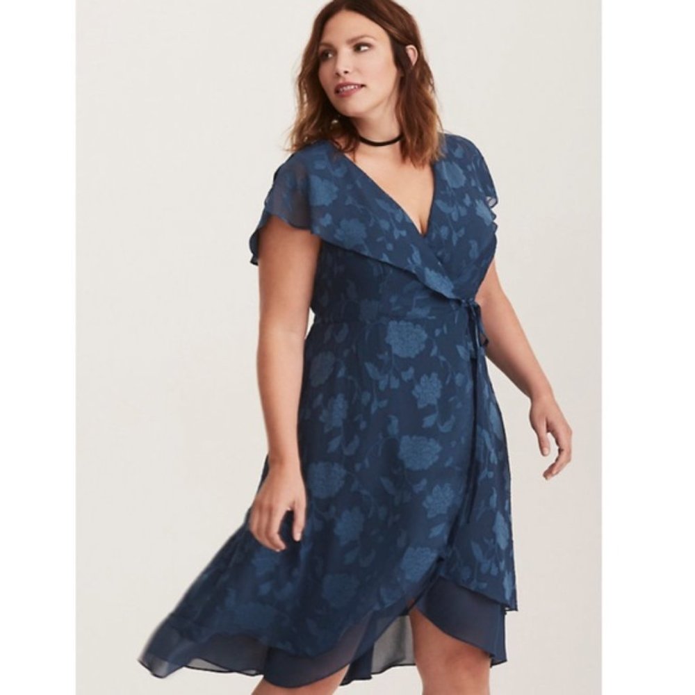 🍉Torrid Teal Floral Textured Chiffon Wrap Dress